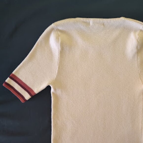 BOHME | Beige Short Sleeve Sweater Knit Top Varsity-Style Stripe Trim Shirt S - Picture 8 of 10